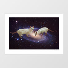 Load image into Gallery viewer, Surreal space art print showing two Siamese cats drinking milk in a cosmic galaxy setting with stars and nebula.
