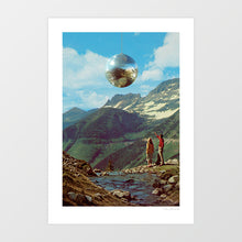 Load image into Gallery viewer, Mirrored disco ball floating above alpine mountain landscape - retro 70s surreal wall art print
