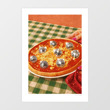 Cargar imagen en el visor de la galería, Framed surreal pizza wall art print showing disco ball toppings on a tomato base – funny Italian food poster by Vertigo Artography