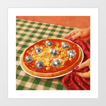 Cargar imagen en el visor de la galería, Surreal art print of a classic Italian pizza topped with seven silver mirror disco balls on a green checkered tablecloth – Pizza A'la Disco II by Vertigo Artography