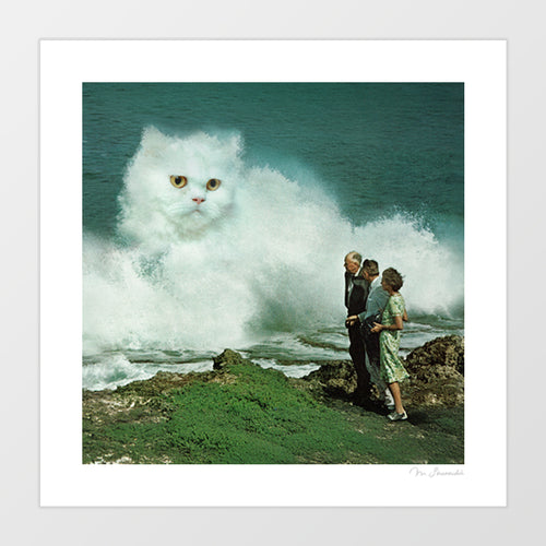A surreal cat art print featuring a giant fluffy white Persian cat emerging from crashing ocean waves, blending humor, fantasy, and nature. Perfect wall art for cat lovers, quirky interiors, or anyone looking for funny posters with animals. This collage-style artwork combines retro kitsch with modern humour, ideal for home decor, cat cafes, vet waiting rooms, or as a unique conversation piece for eclectic and playful living spaces.