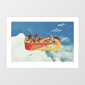 Sardines in the Sky is a surreal food-inspired wall print reimagines a classic sardine tin as a dreamy floating vessel in a sky of clouds and birds. Inside, two bikini-clad models replace the sardines, turning the familiar into fantasy. This retro collage print is perfect for coastal kitchens, seafood restaurants, or modern homes craving playful, imaginative décor that merges mid-century nostalgia, seaside life, and surreal creativity.