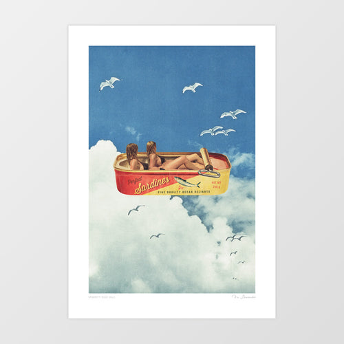 Sardines in the Sky art print showing a vintage sardine can floating in a soft blue sky with clouds and seagulls. Inside the open tin are two black-bikini models, replacing sardines, symbolising surreal humour and retro escapism. Perfect for coastal kitchen décor, pop art collectors, and modern home interiors inspired by surreal food art, mid-century nostalgia, and whimsical seaside culture. Printed on premium matte archival paper with vivid colour tones.