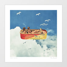 Charger l&#39;image dans la galerie, Playful surreal collage “Sardines in the Sky” shows a vintage sardine can hovering in a pastel blue sky, with seagulls circling above and soft clouds drifting by. Inside the opened tin rest two women, replacing the expected fish, creating a whimsical twist on traditional food art. Combining retro charm, humour, and coastal vibes, this artwork adds fun, style, and storytelling to kitchens, cafés, or beach-themed interiors.