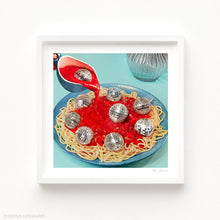 Load image into Gallery viewer, A simmering and sparkly wall artwork blending food, fun and disco good vibes. Featuring a giant bowl of Italian pasta with tomato spaghetti sauce with a funky soulful twist of meatballs replaced with glimmering mirror disco balls sparkling in the sun, a nod to retro good vibes and a funky disco party. This original piece is perfect for contemporary art enthusiasts. Ideal for sparking conversations and adding a unique touch to your wall space.