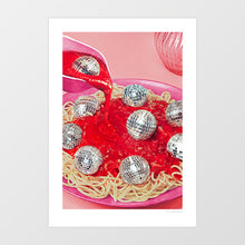 Load image into Gallery viewer, 'Spaghetti Disco Balls – Pink and Red' Art Print by Vertigo Artography | Surreal Italian Food Disco Ball Wall Art Funky Pink Kitchen Decor