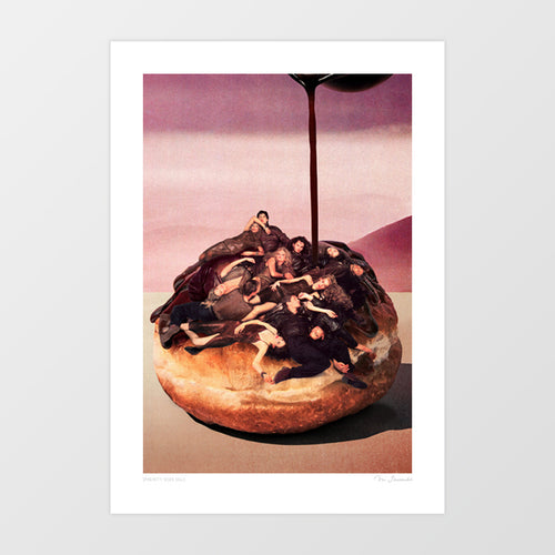 retro-inspired collage of a glossy chocolate-drizzled donut topped with tiny vintage figures; perfect donut wall art for cafes, bakeries, kitchens and quirky restaurant interiors available in multiple sizes with FREE SHIPPING