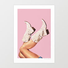 Cargar imagen en el visor de la galería, Digital artwork titled &#39;These Boots - Glitter Pink,&#39; featuring glittery pink cowgirl boots standing out against a vibrant, colorful background suitable for western rodeo preppy sorority vibes