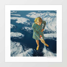Load image into Gallery viewer, Spraying snow on mountains is a homage to Mother Nature’s attempt to maintain the 4 seasons as global warming takes a grip on the unpredictability of weather patterns globally. This original artwork captures a winter scene where the usual and predictability of snow on the mountains is having to be artificially recreated by a 1960’s retro version of Mother Nature doing her best to maintain normality of the seasons by spraying snow on the mountains.
