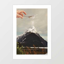 Load image into Gallery viewer, Adding the final baking flourish of icing sugar to the mountain top of Piopiotahi, Mitre Peak, Milford Sound, Southland New Zealand.