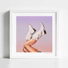 Load image into Gallery viewer, These Boots - Miami Vibes blends Western cowboy elements with a trendy and cool art deco vibe aesthetic. With its charming Miami sky evening tones, it complements various home decor styles. This captivating piece resonates with rodeo enthusiasts, art collectors, and those seeking a captivating art deco cowboy aesthetic. Embodying the essence of Western charm and Florida flair.