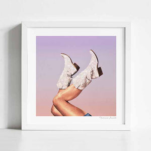 These Boots - Miami Vibes blends Western cowboy elements with a trendy and cool art deco vibe aesthetic. With its charming Miami sky evening tones, it complements various home decor styles. This captivating piece resonates with rodeo enthusiasts, art collectors, and those seeking a captivating art deco cowboy aesthetic. Embodying the essence of Western charm and Florida flair.